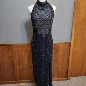 🎈Vintage Lawrence Kazer Size Med Navy Beaded long gown.